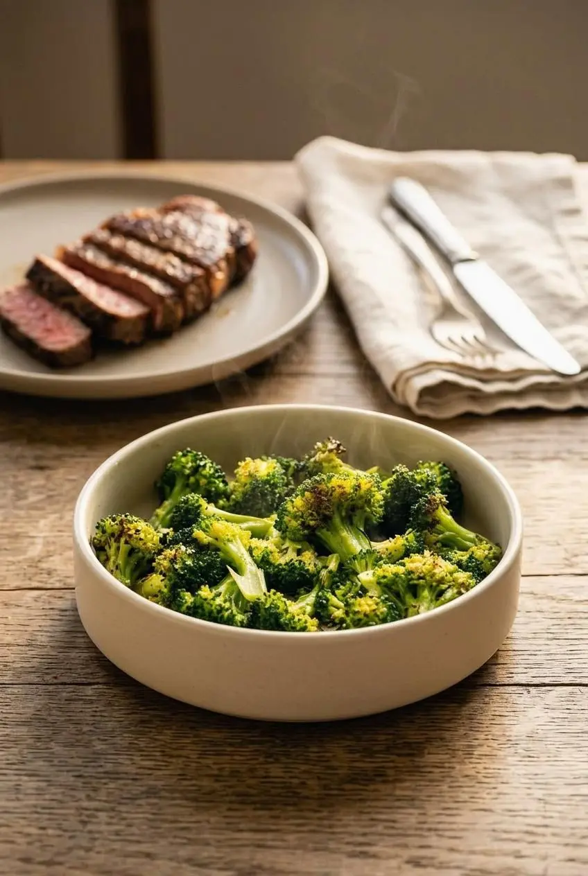 Warm keto roasted broccoli served in a ceramic dish alongside sliced seared steak on a dining table.