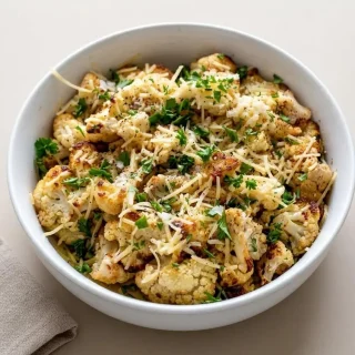 Keto Roasted Cauliflower florets roasted to deep golden crisp edges with melted Parmesan.