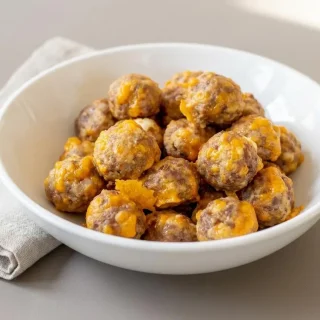 Keto sausage balls baked to a golden brown exterior on a serving platter.