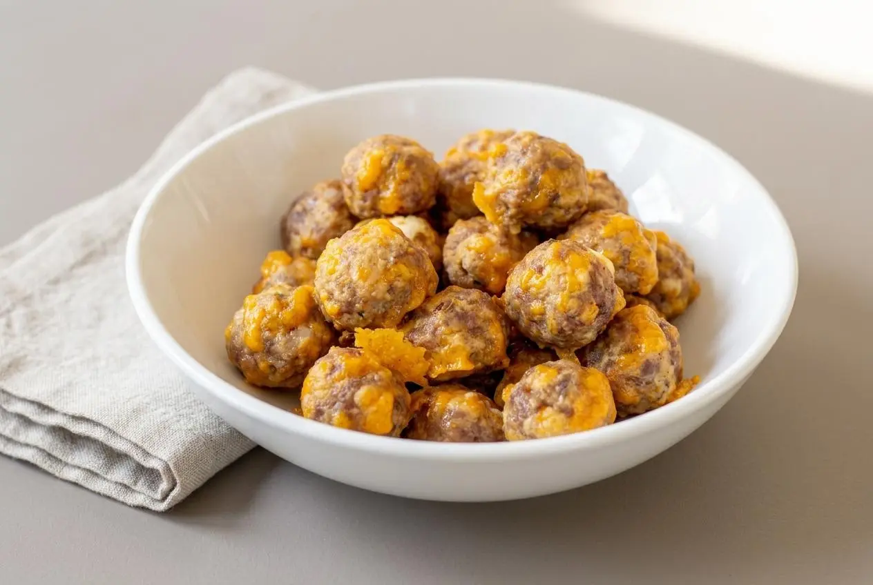 Keto sausage balls baked to a golden brown exterior on a serving platter.