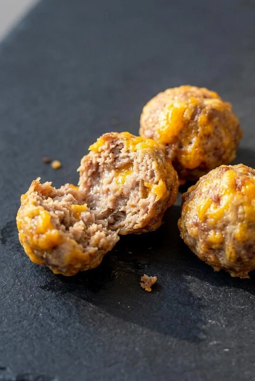 Tender keto sausage ball pulled apart showing melted cheddar pockets and a crisp crust.