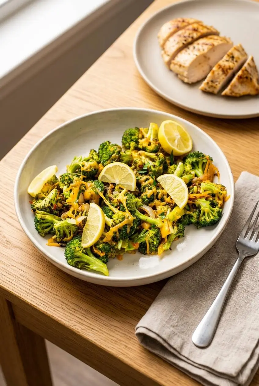 Cheesy keto sauteed broccoli in a ceramic bowl served alongside sliced grilled chicken breast.
