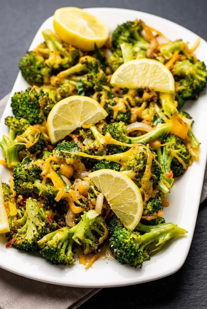 Close-up of roasted broccoli florets with caramelized tips and melted cheddar.