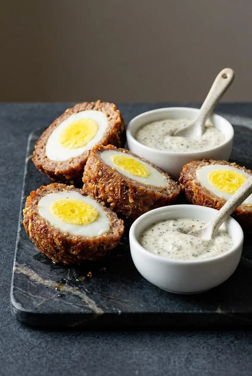 Sliced keto Scotch egg showing the crisp browned sausage crust and intact cooked yolk.