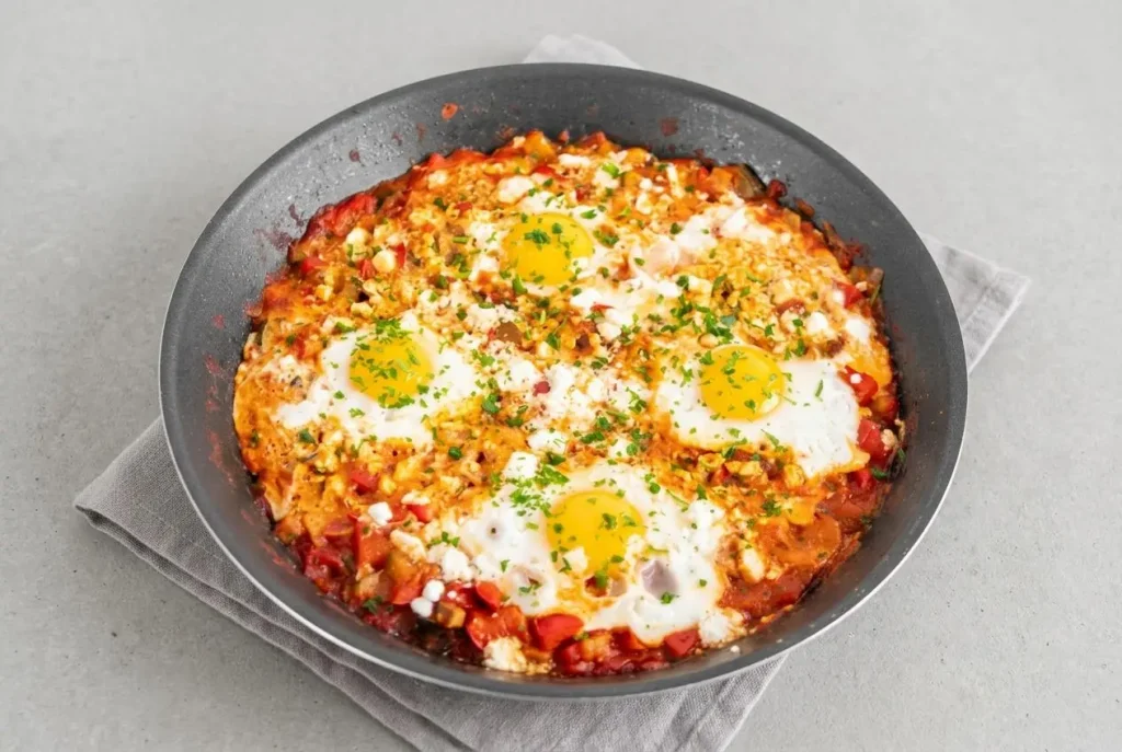 Keto shakshuka recipe skillet with gently poached eggs, rich tomato zucchini sauce, and crumbled feta.
