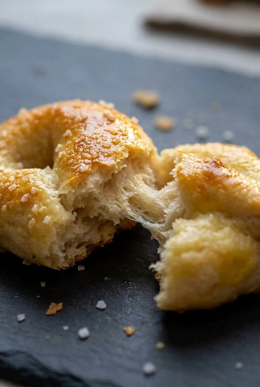 Tender interior crumb of a torn keto soft pretzel showing an airy texture with no unmixed cheese.