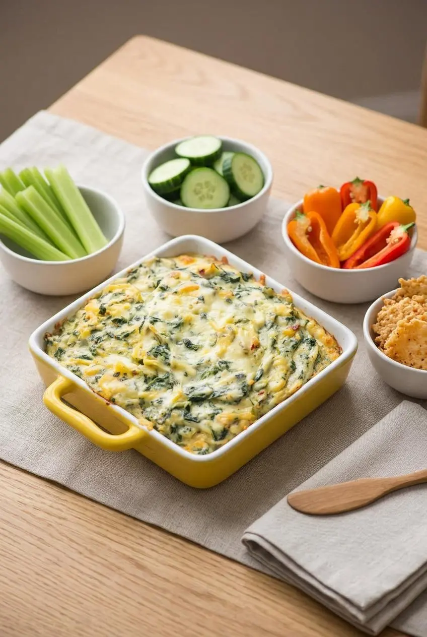 Baked keto spinach dip surrounded by celery batons, cucumber rounds, sweet mini peppers, and parmesan crisps.