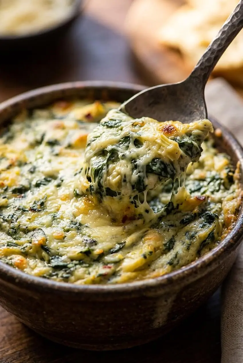 Close-up macro of creamy spinach artichoke dip showing melted cheese, chopped artichokes, and tender spinach.