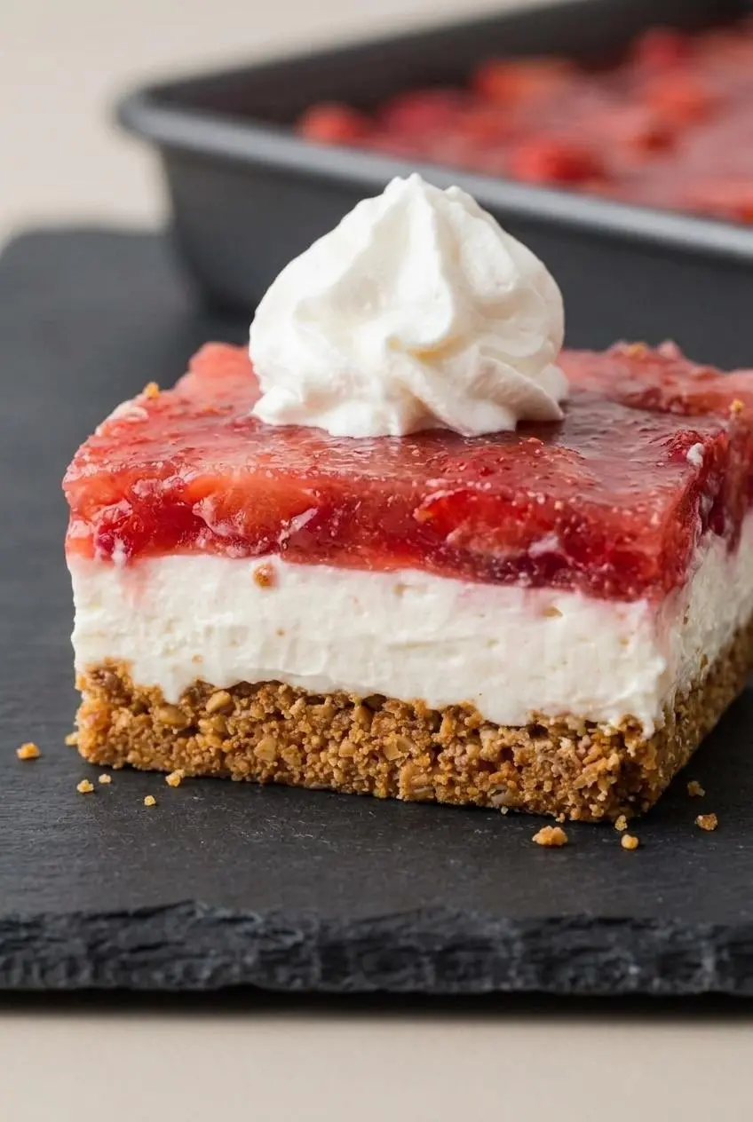 Macro cross section of keto pretzel salad showing clean separation between cream filling and gelatin layer.