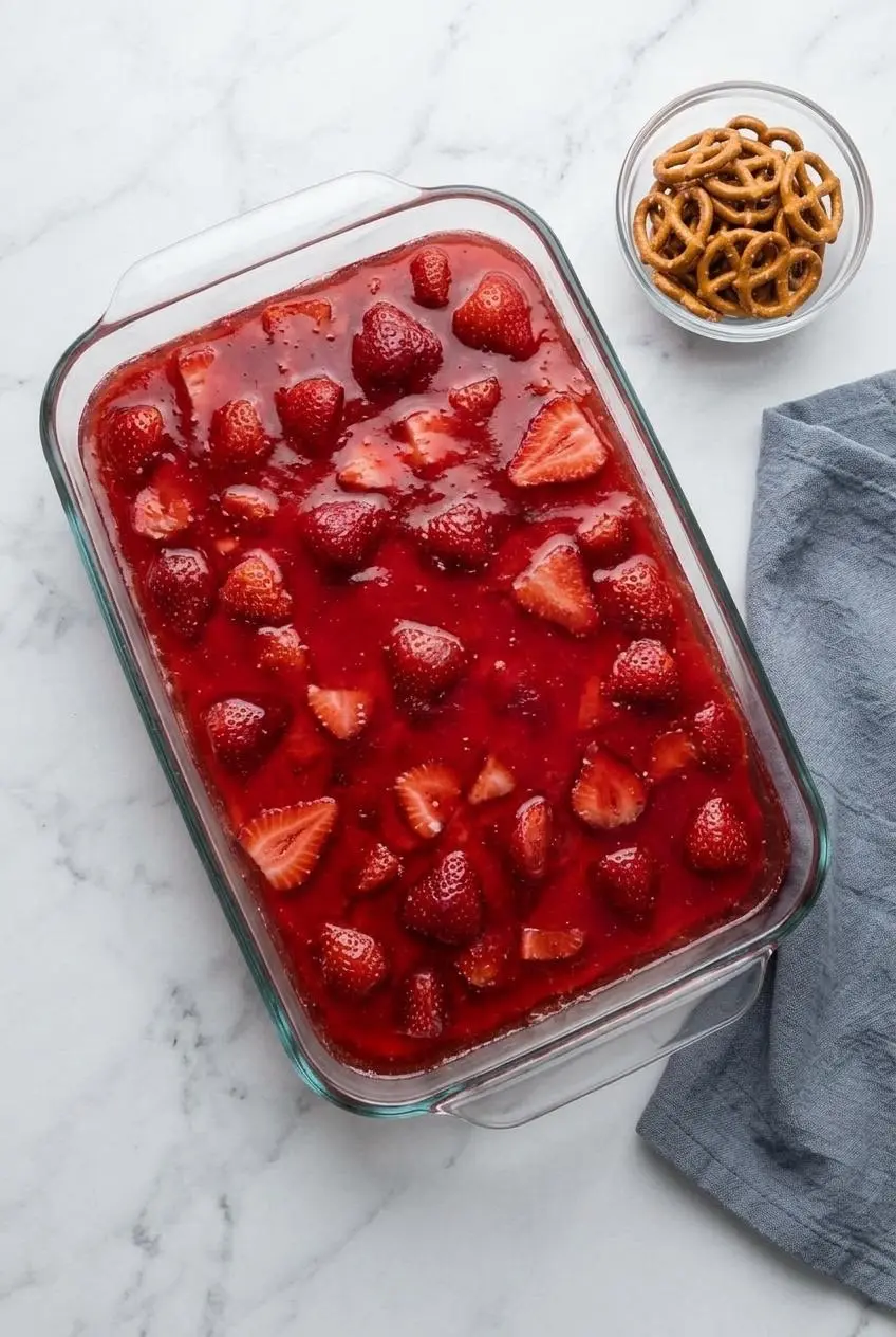 Chilled glass baking pan of set keto strawberry pretzel salad alongside a bowl of reserved pretzels.