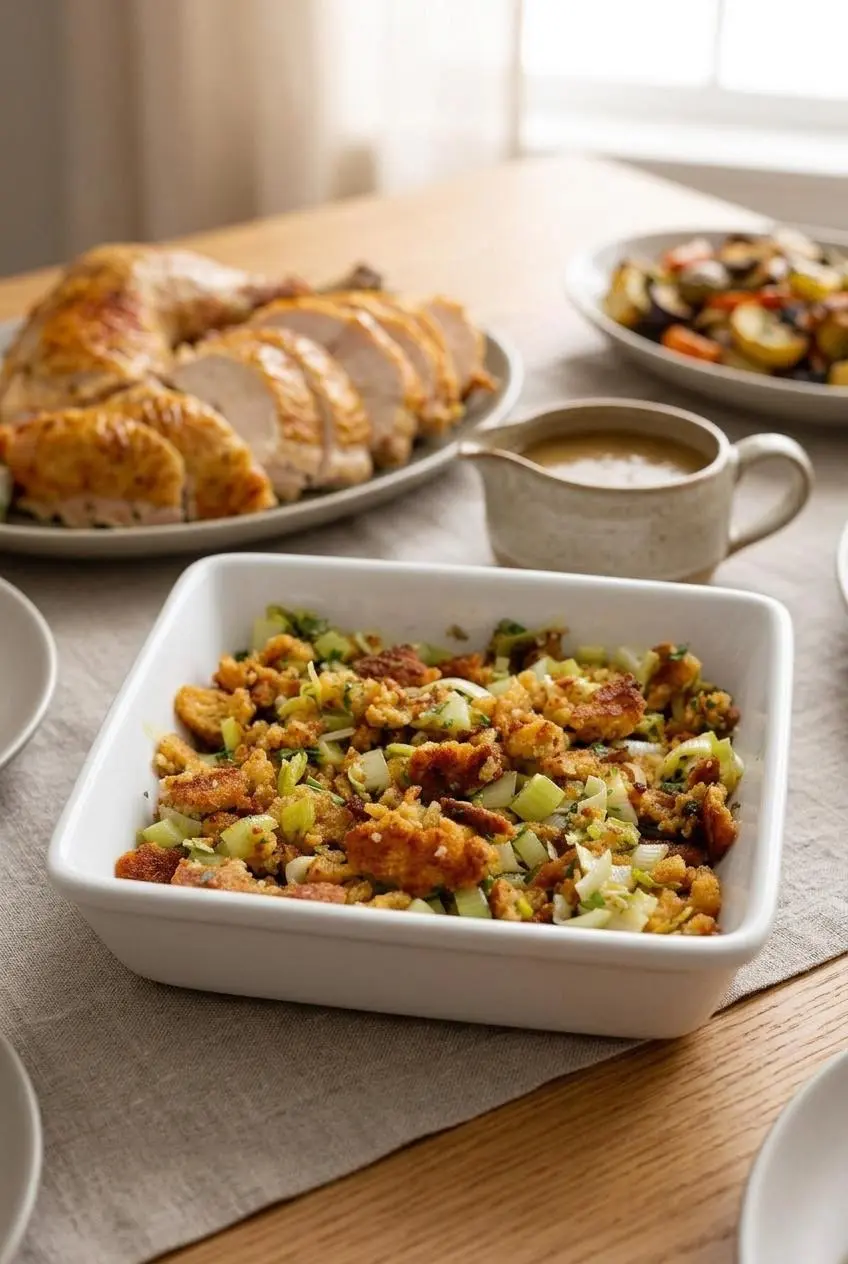 Casserole of keto stuffing on a holiday dinner table with sliced roast turkey breast and savory gravy.