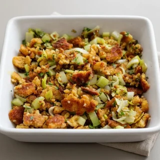 Keto stuffing recipe baked to a golden crust with savory herbs and tender vegetables in a casserole dish.