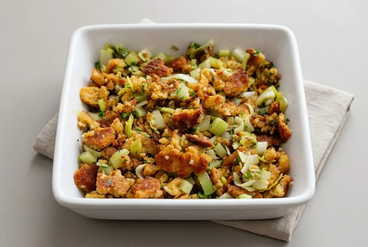 Keto stuffing recipe baked to a golden crust with savory herbs and tender vegetables in a casserole dish.