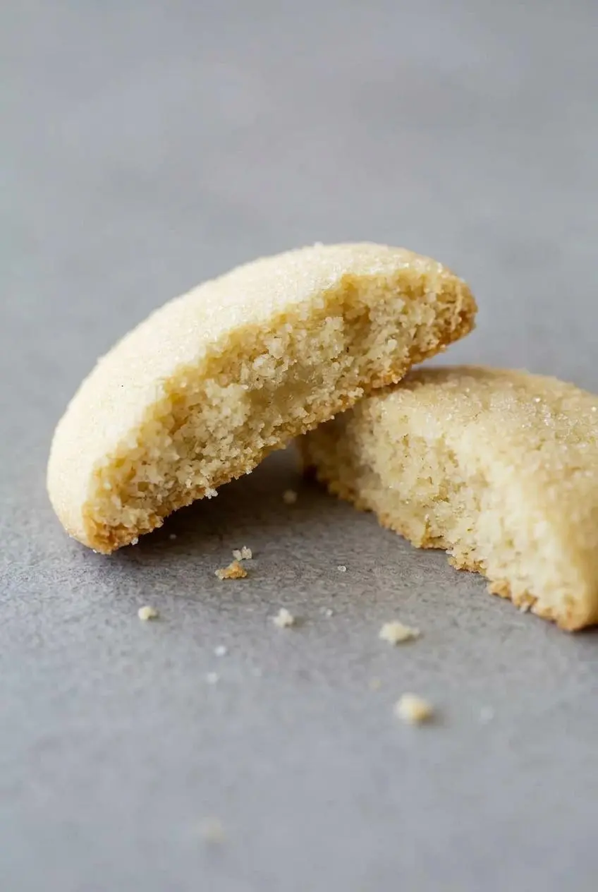Broken keto sugar cookie showing a tender almond flour interior crumb and lightly crisped edge