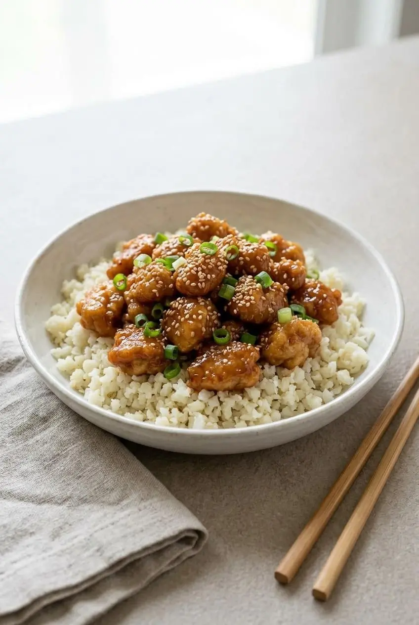 Glazed keto sweet and sour chicken served over cauliflower rice with sesame seeds and green onions.