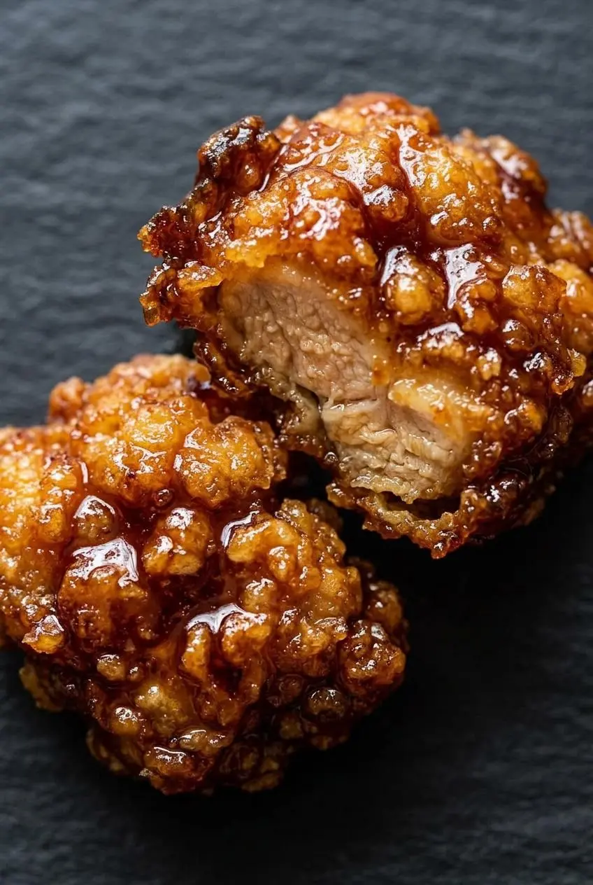 Macro view of crispy almond-crusted chicken bites glazed in sticky sweet and sour sauce.