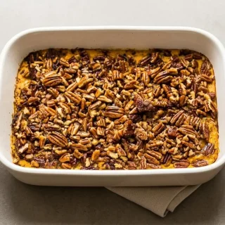 Baked keto sweet potato casserole with a velvety spiced custard filling and crunchy golden pecan topping.
