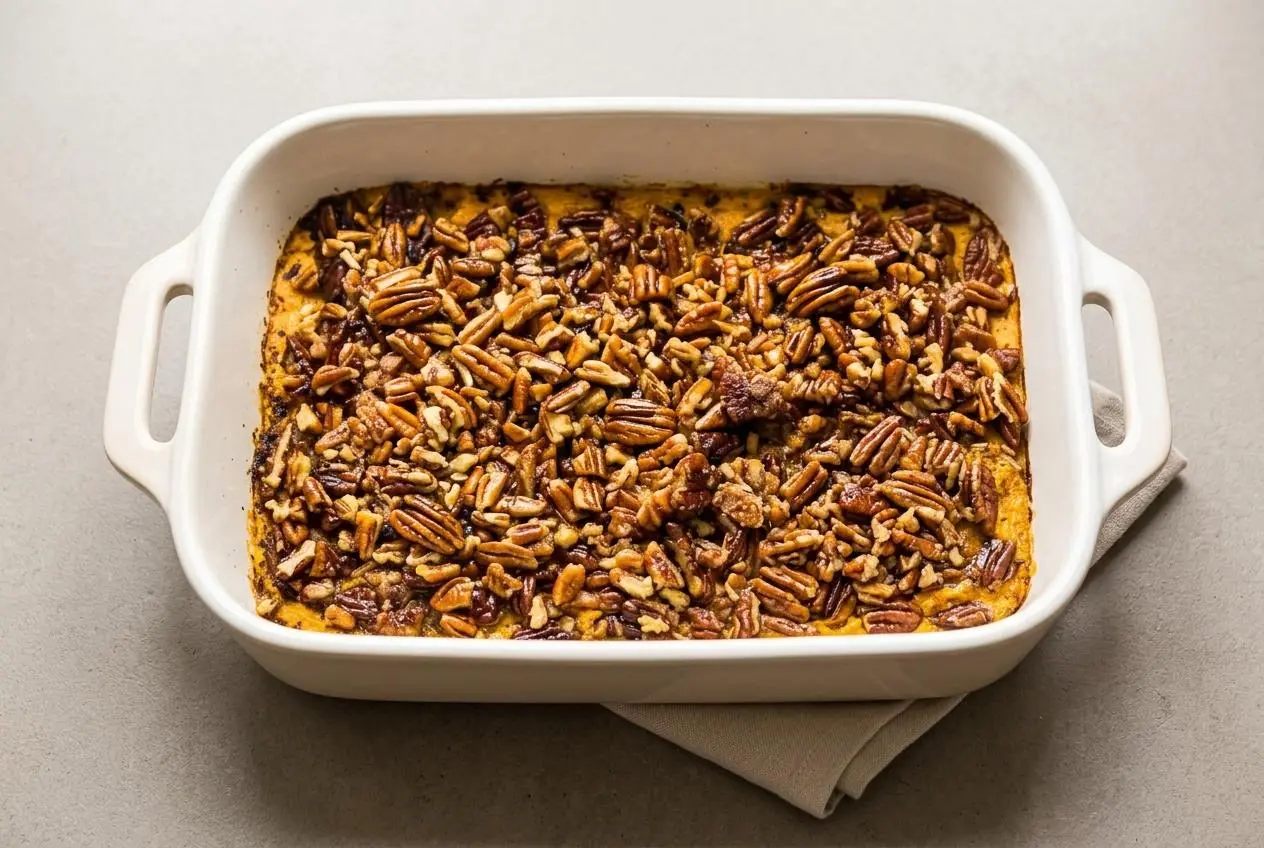 Baked keto sweet potato casserole with a velvety spiced custard filling and crunchy golden pecan topping.