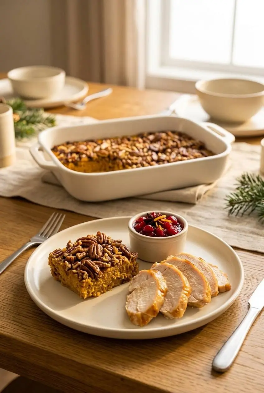 A warm portion of low-carb sweet potato casserole served on a holiday plate with roast turkey and cranberry relish.