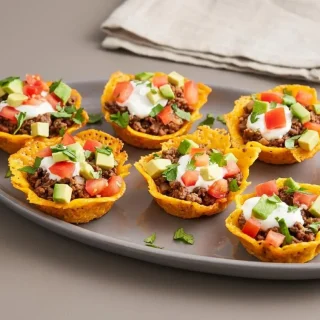 Keto taco cups with crisp golden cheddar shells filled with seasoned ground beef, sour cream, and fresh avocado.