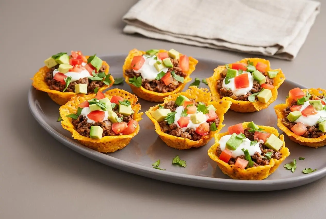 Keto taco cups with crisp golden cheddar shells filled with seasoned ground beef, sour cream, and fresh avocado.