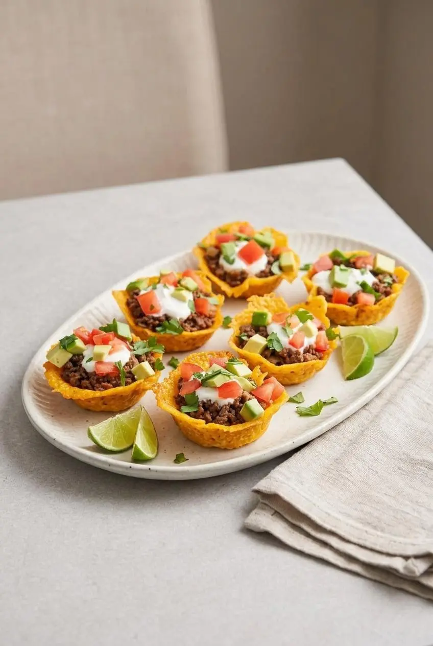 Platter of keto taco cups garnished with diced avocado, cilantro, and fresh lime wedges for party serving.