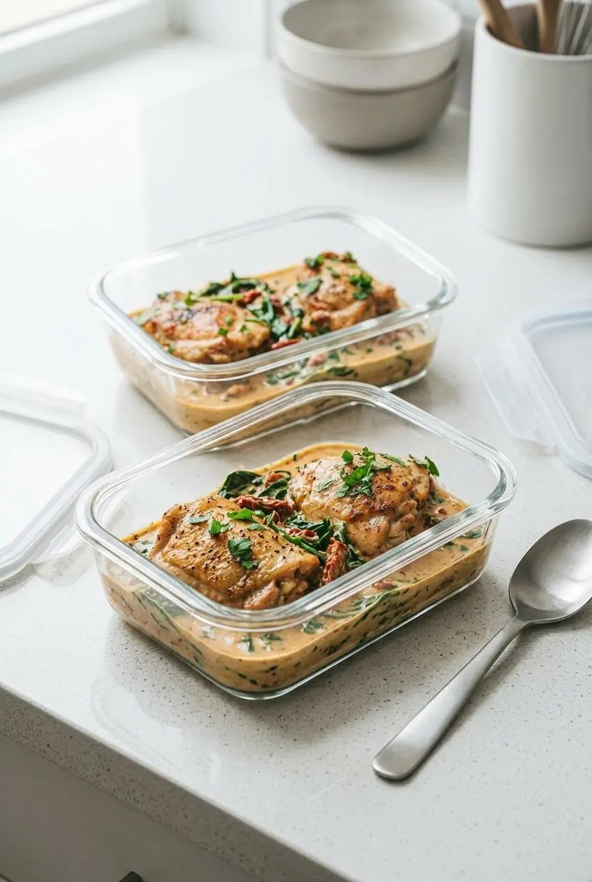 Meal prep glass containers packed with keto Tuscan chicken and rich cream sauce for weekly storage.