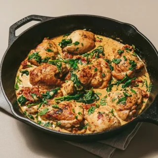 Keto tuscan chicken recipe with golden seared thighs in a creamy garlic and sun-dried tomato sauce.