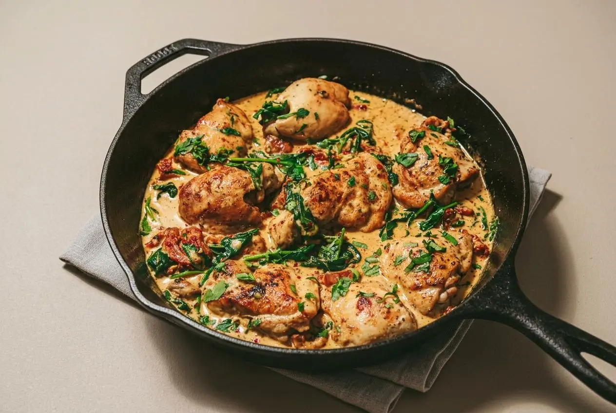 Keto tuscan chicken recipe with golden seared thighs in a creamy garlic and sun-dried tomato sauce.
