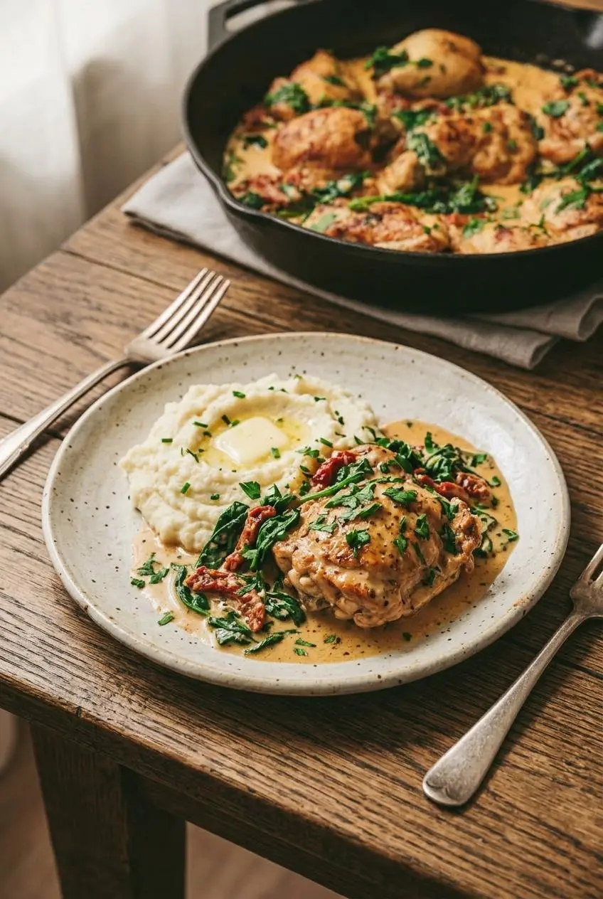 Plated keto Tuscan chicken served over creamy cauliflower mash with wilted spinach and garlic cream.