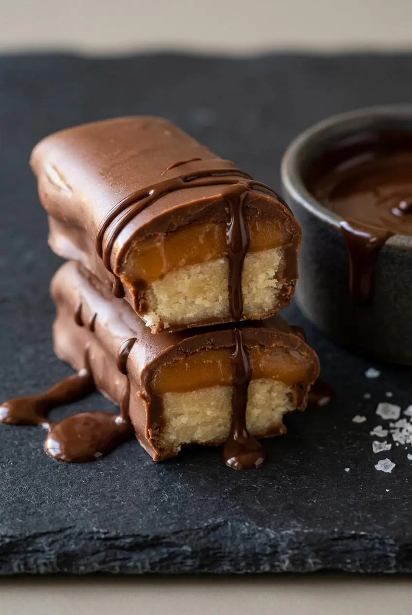 Cross section of a sliced keto twix bar showing the pale crust, amber caramel, and chocolate shell.