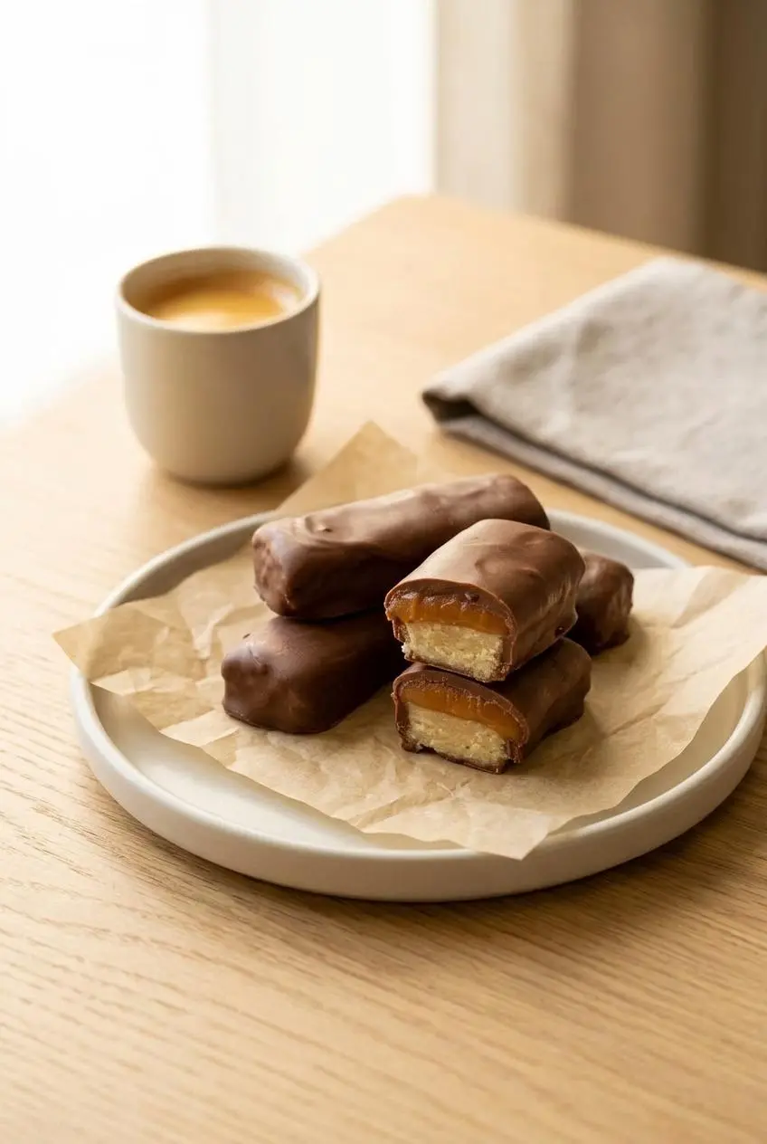 Keto twix bars arranged on a parchment-lined ceramic platter alongside a cup of hot espresso.