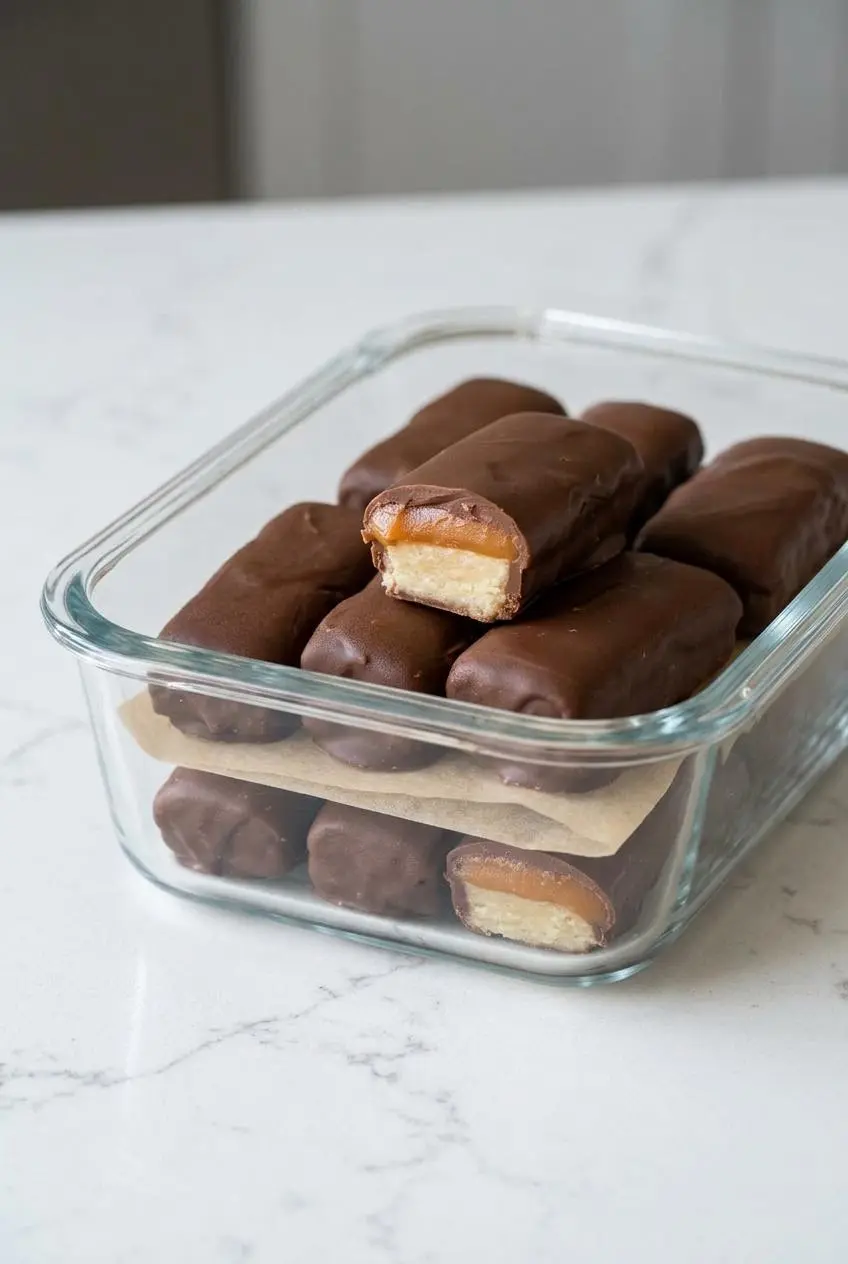 Chilled keto twix bars stacked in a glass storage container separated by a sheet of parchment paper.