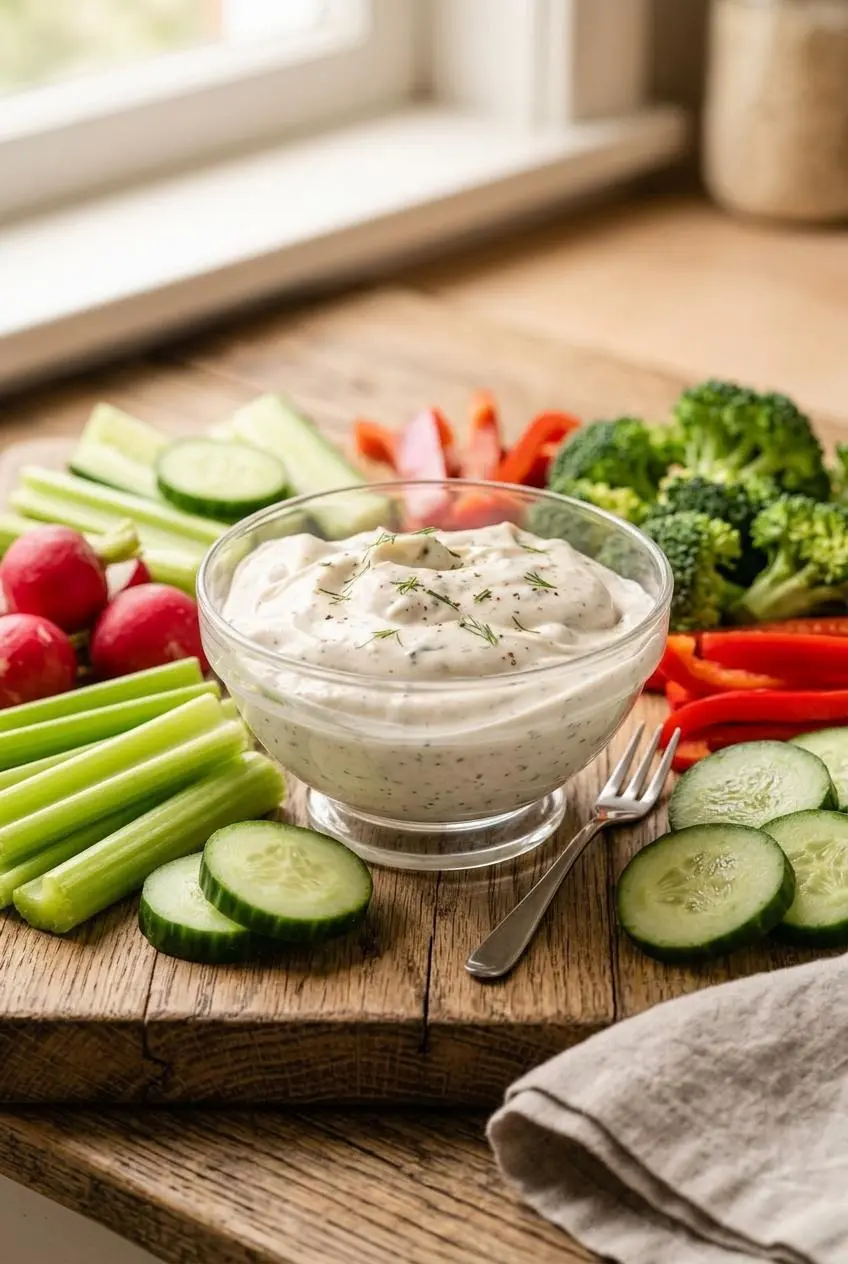 Low carb vegetable platter with a bowl of keto veggie dip, crisp celery sticks, cucumber rounds, and radishes.