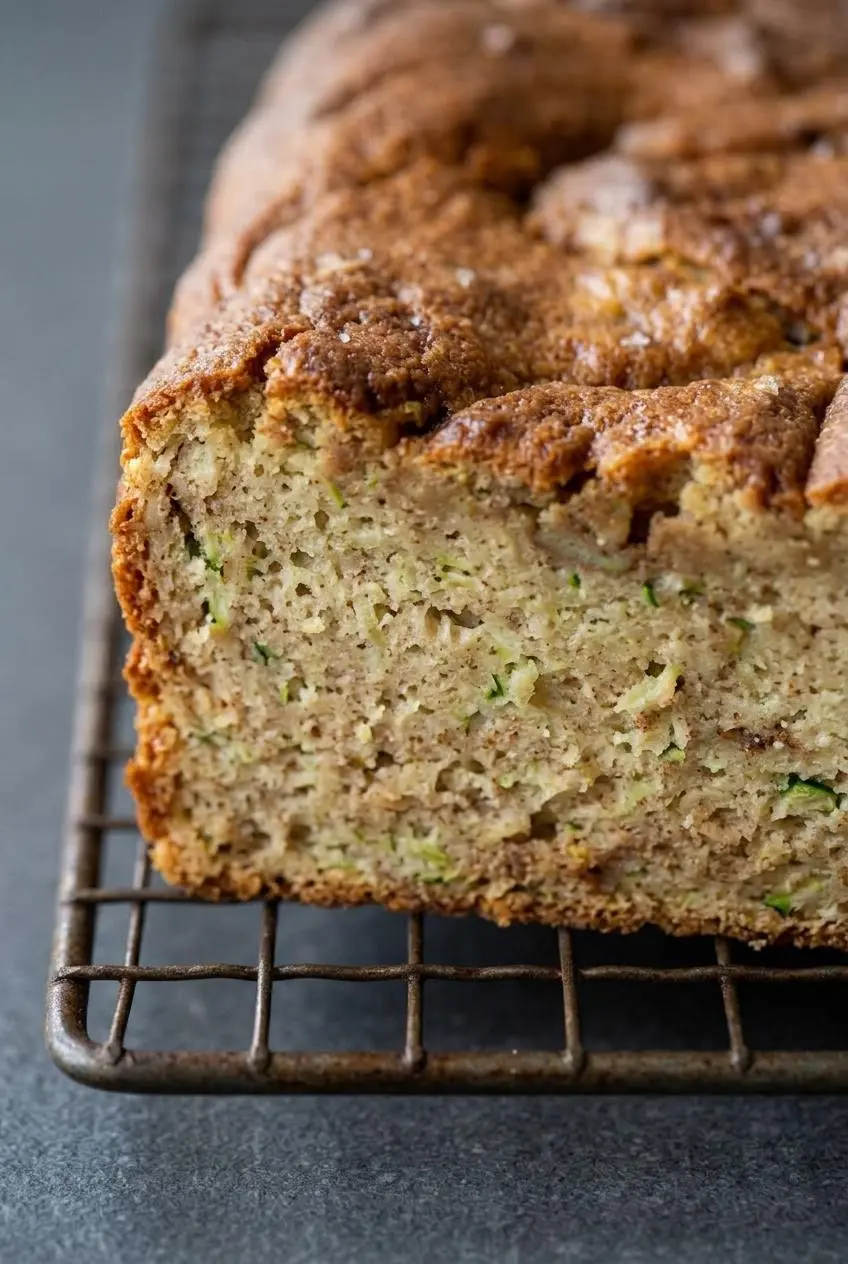 Close-up macro of a keto zucchini banana bread slice showing a moist crumb structure with cinnamon specks on a cooling rack.
