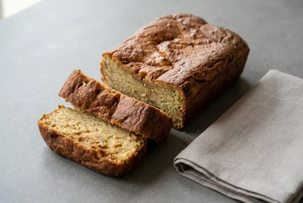 Golden sliced keto zucchini banana bread loaf with a tender spiced almond flour crumb and cracked crust.