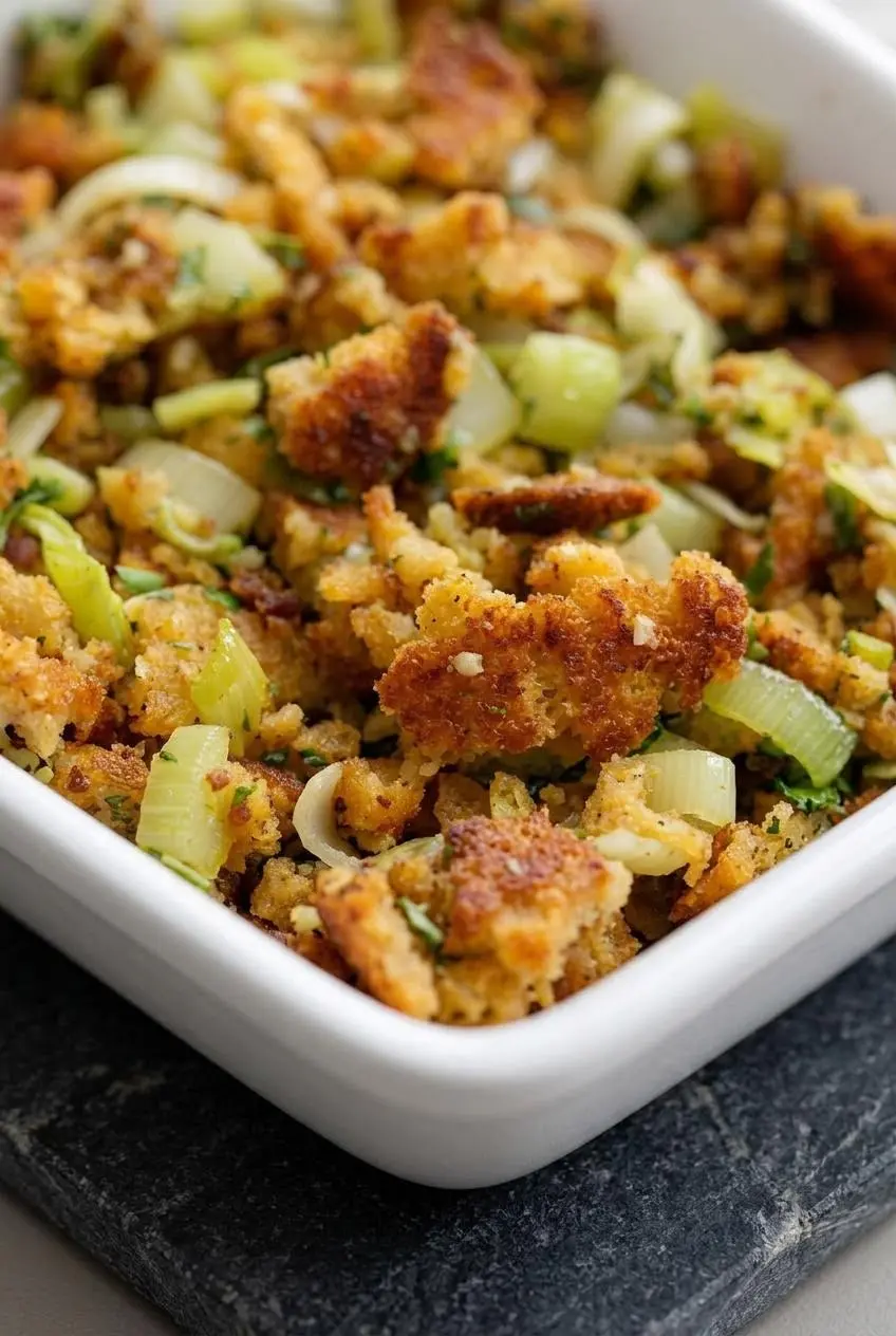 Macro view of toasted low-carb bread stuffing crumb with crisp edges, leeks, and dried herbs.