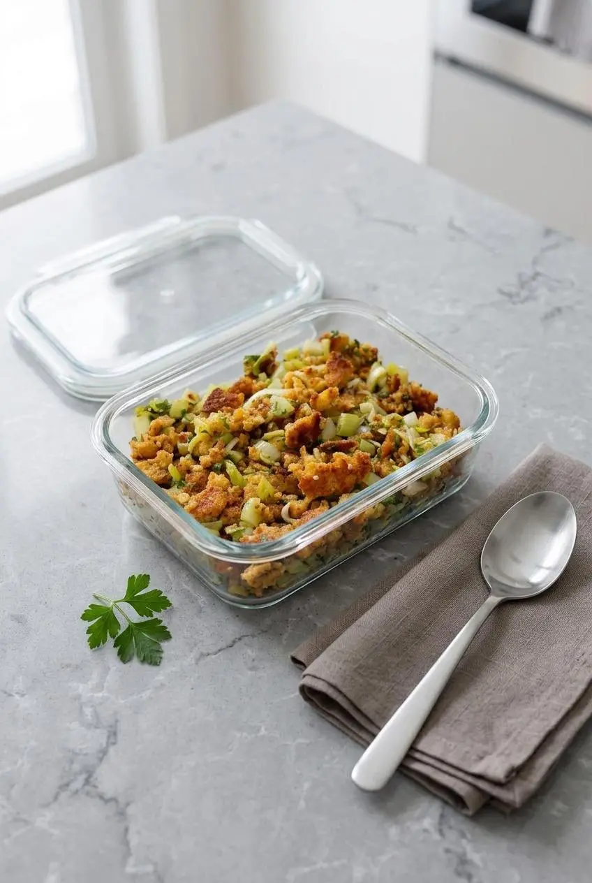 Baked keto stuffing stored in a clear glass meal-prep container with lid on a bright kitchen counter.