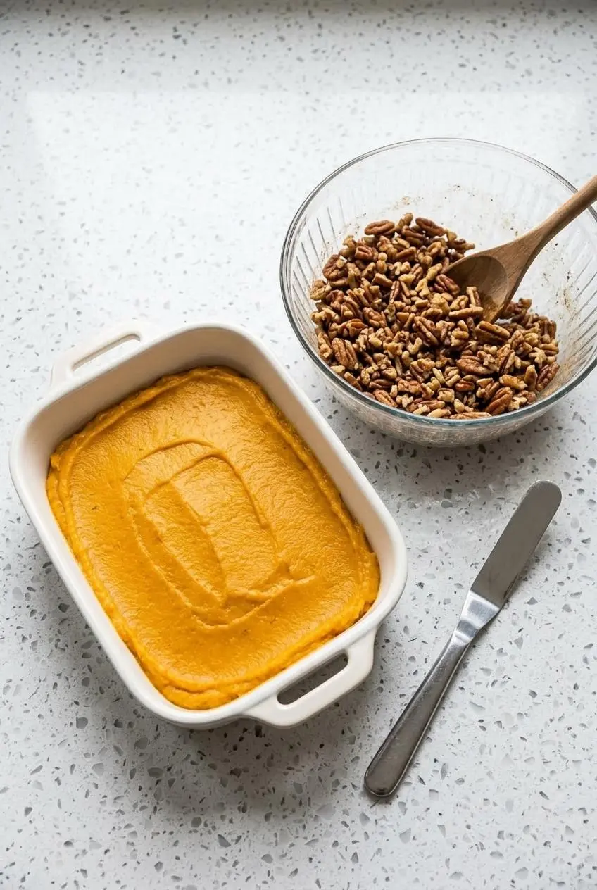 Smoothed pumpkin cauliflower casserole base in a baking dish next to a bowl of unbaked spiced pecan topping.