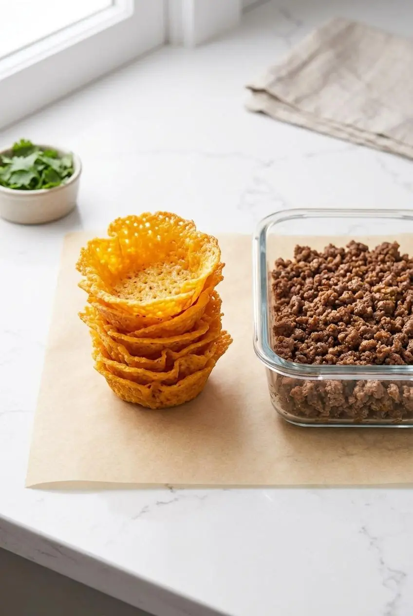 Unfilled baked cheddar taco cups on parchment paper beside seasoned ground beef in a meal prep container.