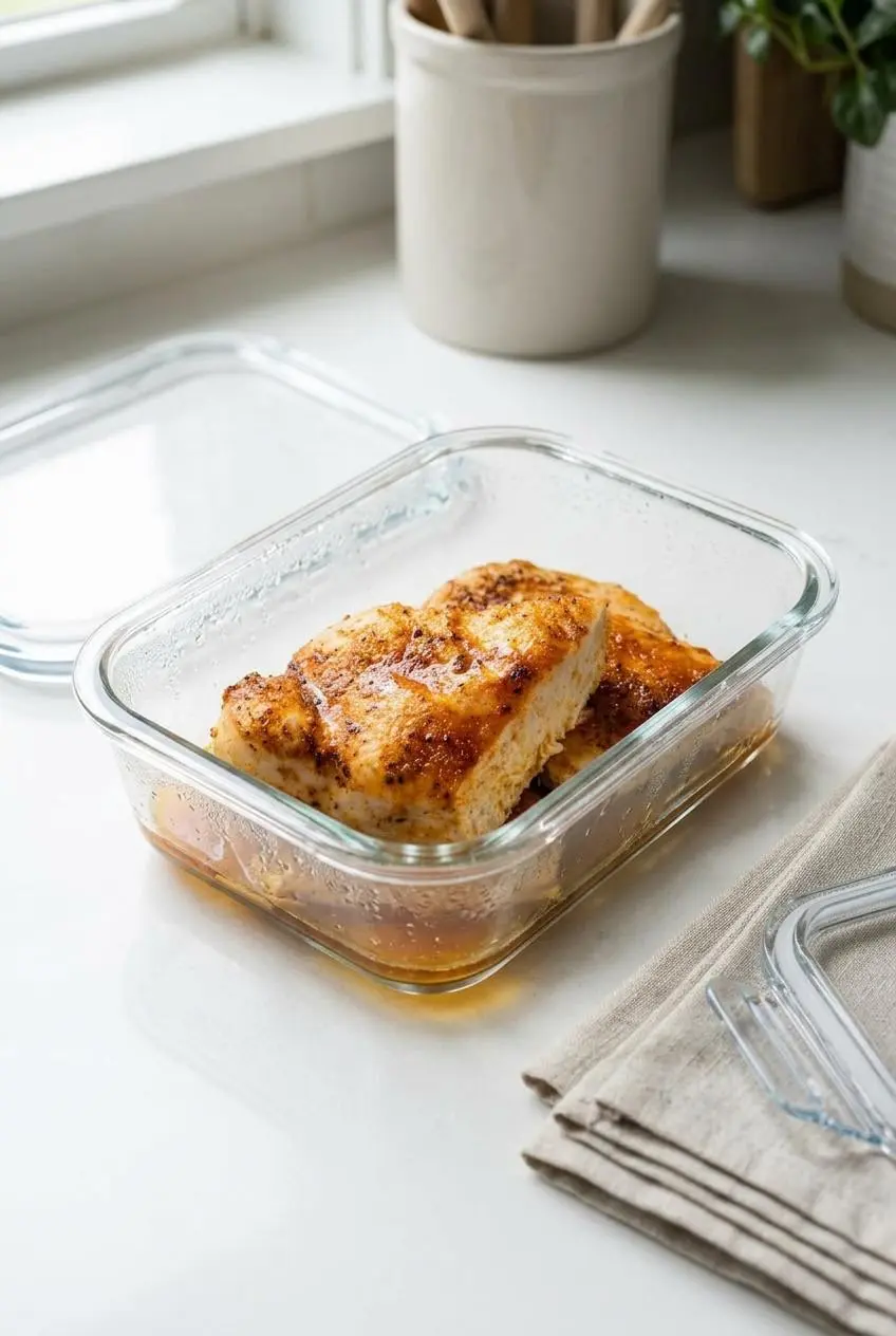 Whole keto baked chicken breasts stored in a glass meal prep container with flavorful pan juices.