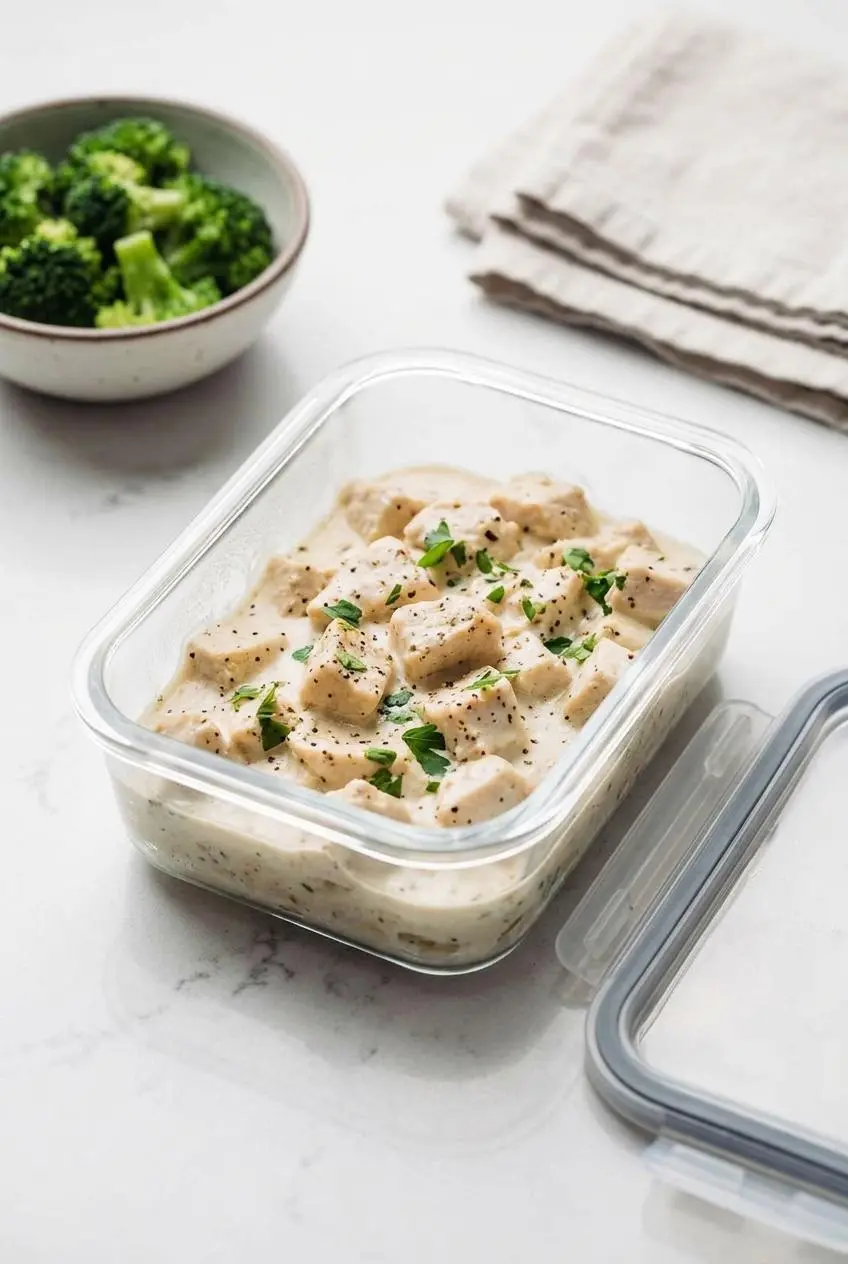 Cooked keto chicken alfredo portioned in a clear glass meal prep container with broccoli stored separately.