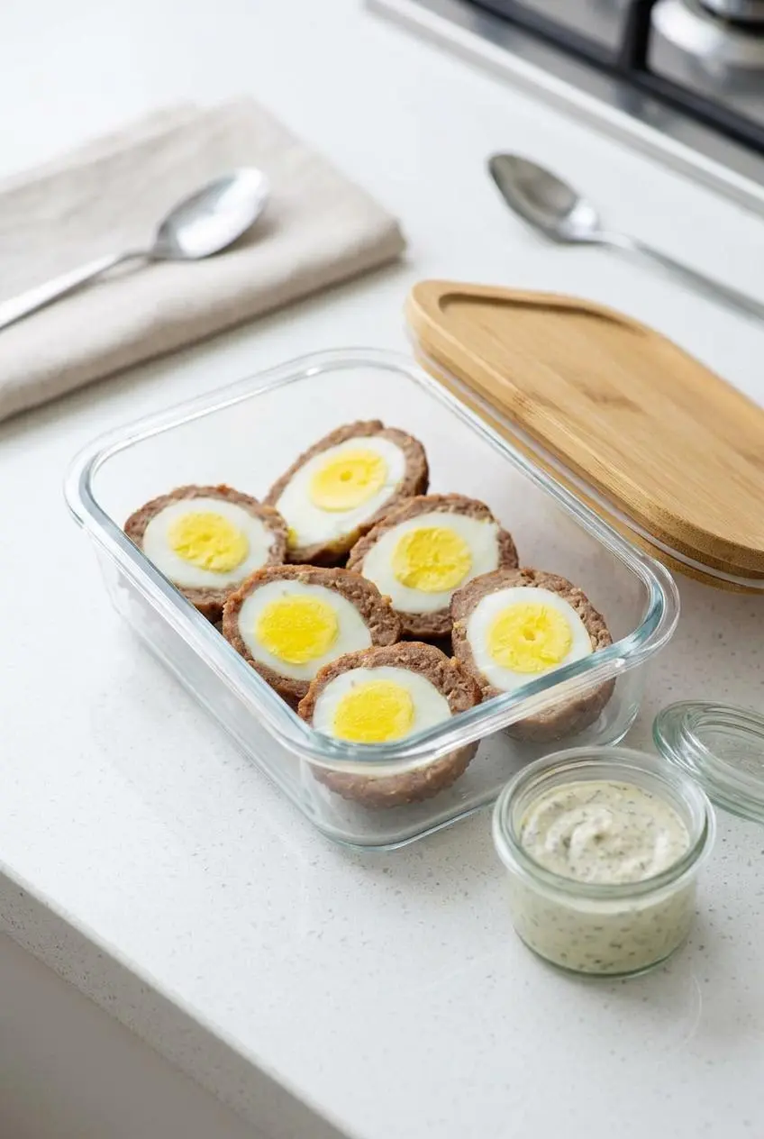 Cooked keto Scotch eggs stored in a glass meal prep container with mustard dip in a separate jar.
