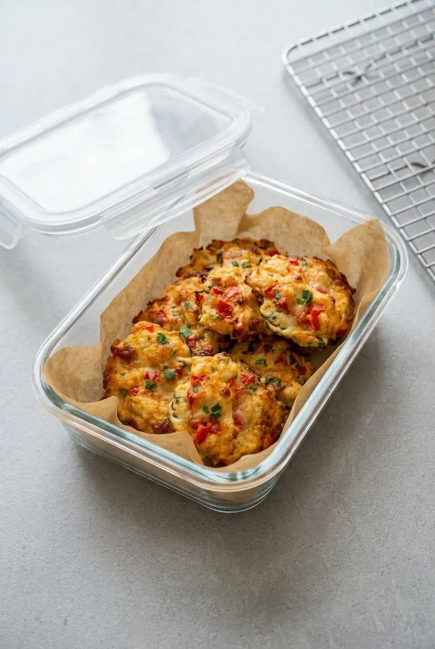 Baked chicken fritters arranged in a single layer inside a glass meal prep container with parchment paper.