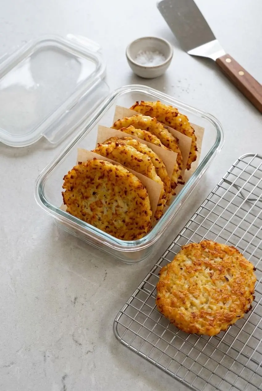 Baked cauliflower hash browns stacked between parchment sheets in a glass meal prep container.