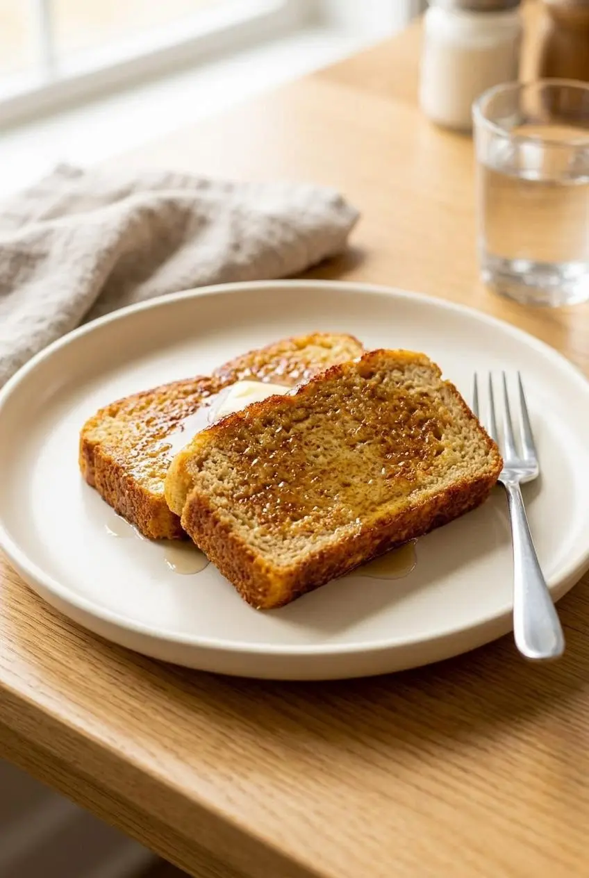 Pan-crisped keto egg loaf French toast slices topped with melting butter and sugar-free syrup on a plate.