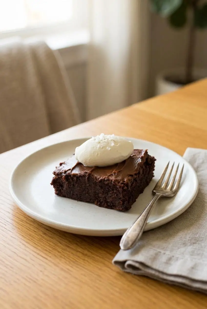 A square keto brownie topped with whipped cream and flaky sea salt on an artisanal ceramic dessert plate.