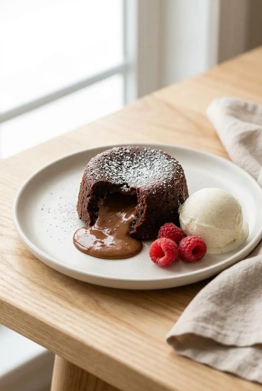 Plated keto chocolate lava cake flowing beside a scoop of vanilla ice cream and fresh raspberries.