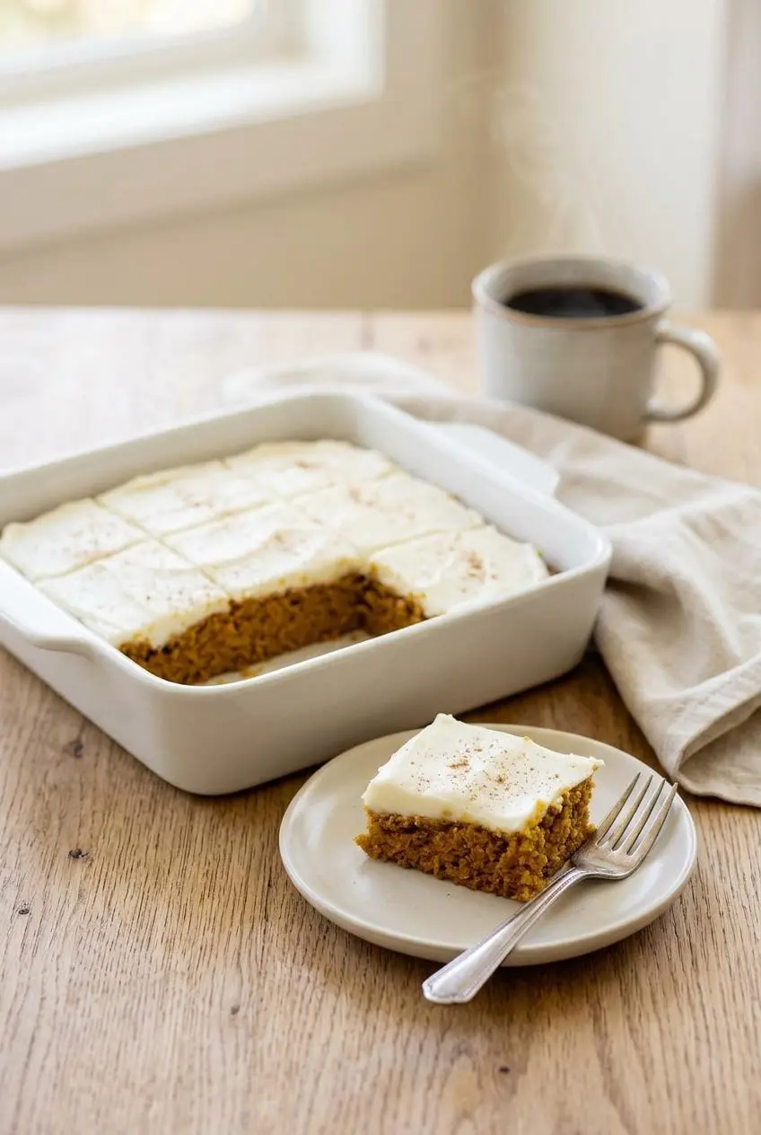 Plated slice of keto pumpkin bars beside a white baking dish and warm coffee.