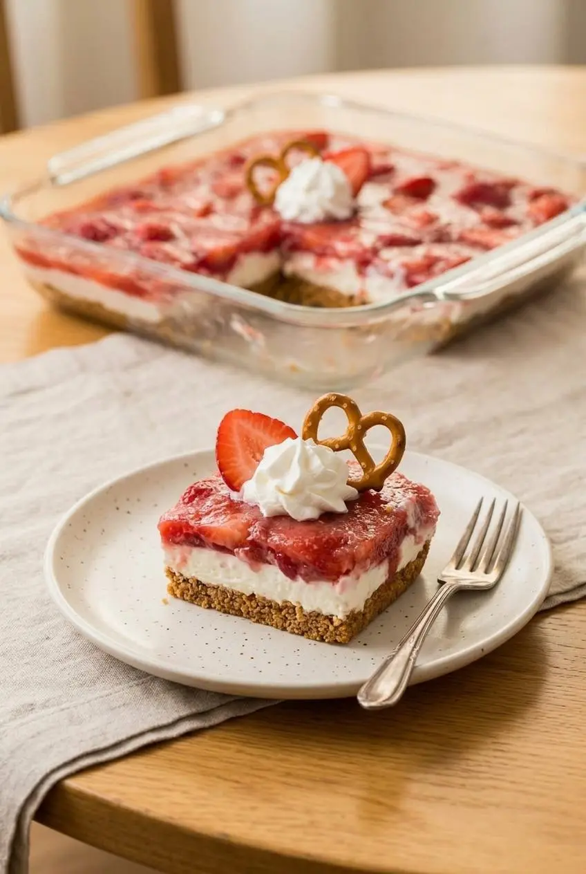 Plated square of keto strawberry pretzel salad garnished with whipped cream, fresh berry slice, and a pretzel.